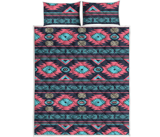 Pink And Blue Southwestern Pattern Print Quilt Bed Set