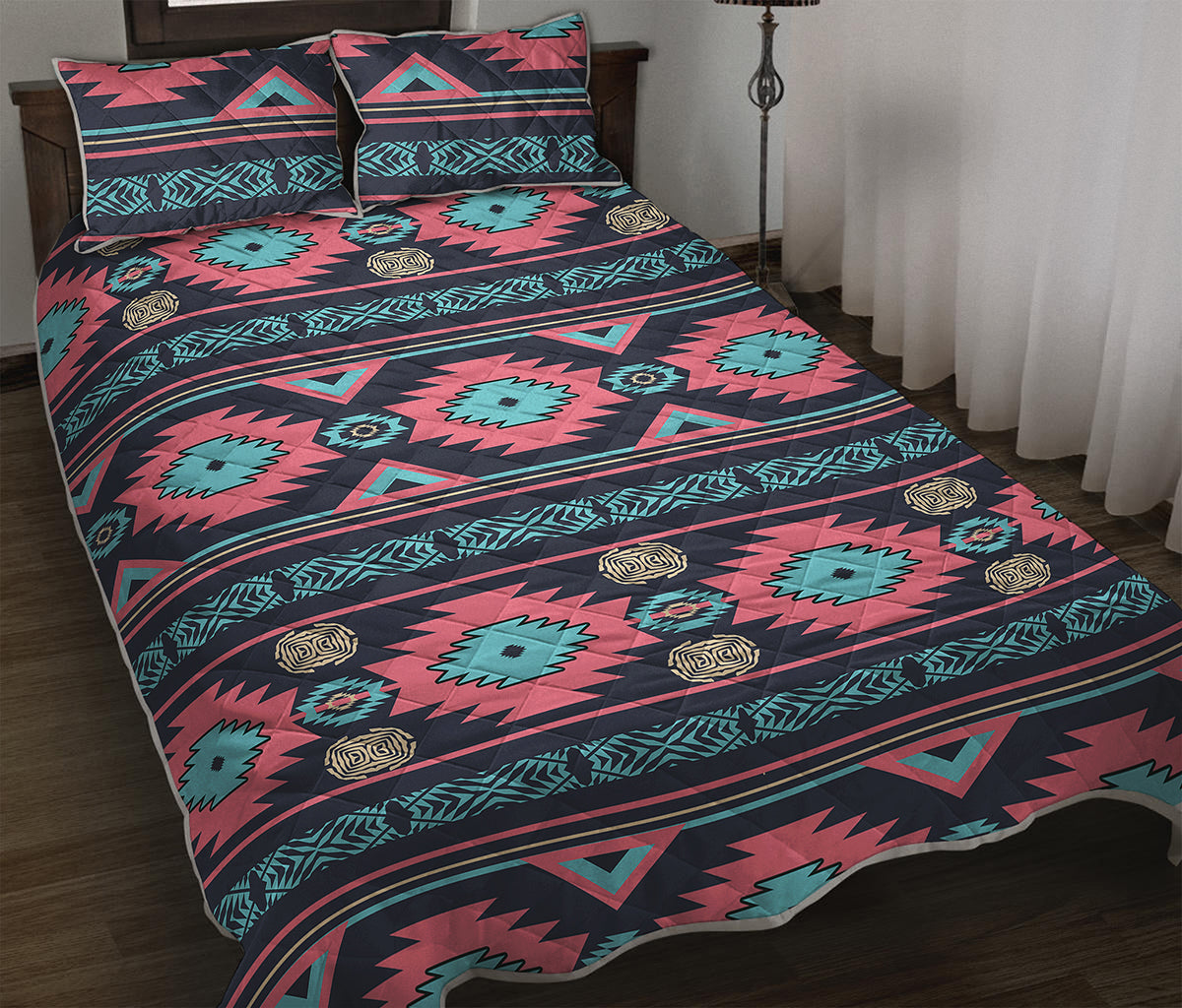Pink And Blue Southwestern Pattern Print Quilt Bed Set