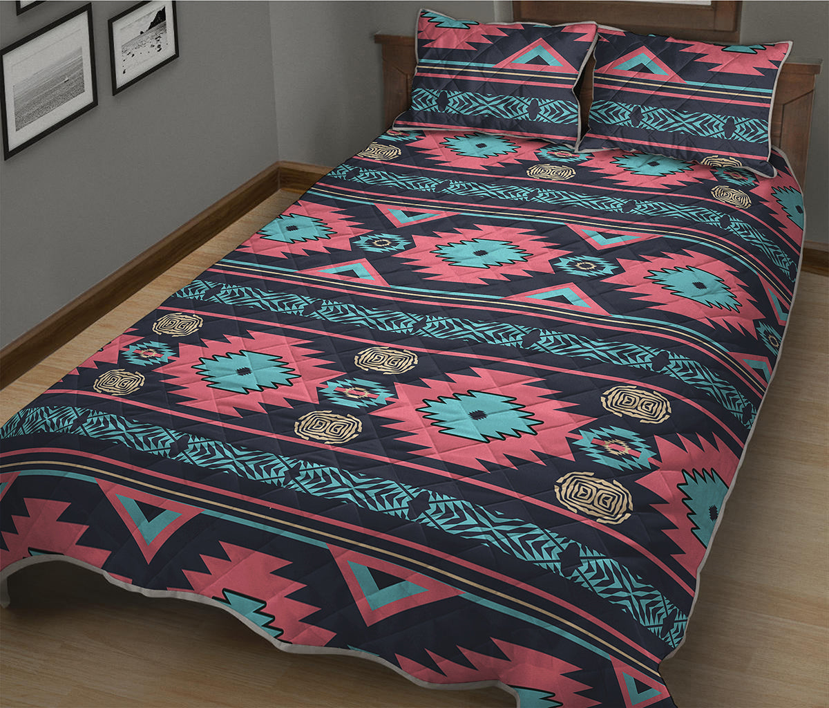 Pink And Blue Southwestern Pattern Print Quilt Bed Set