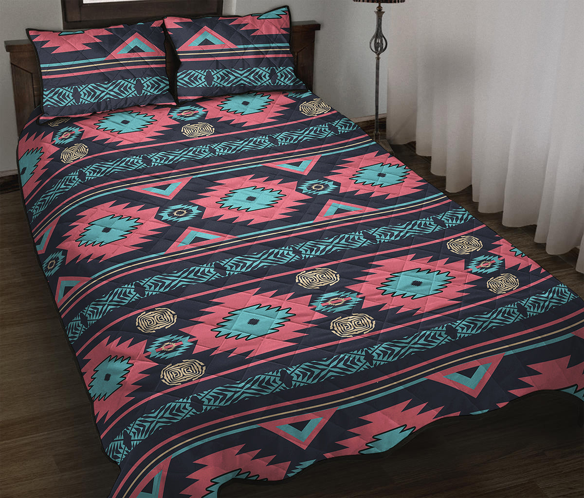 Pink And Blue Southwestern Pattern Print Quilt Bed Set