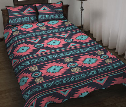 Pink And Blue Southwestern Pattern Print Quilt Bed Set