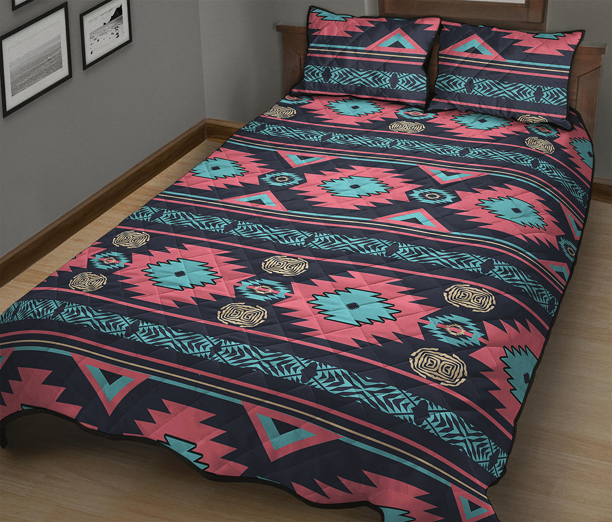Pink And Blue Southwestern Pattern Print Quilt Bed Set