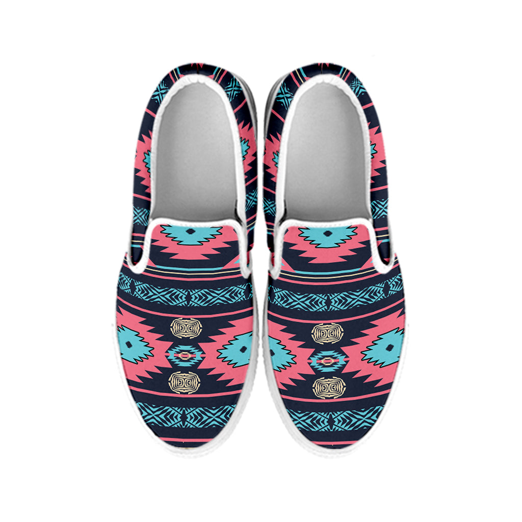 Pink And Blue Southwestern Pattern Print White Slip On Shoes