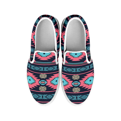 Pink And Blue Southwestern Pattern Print White Slip On Shoes