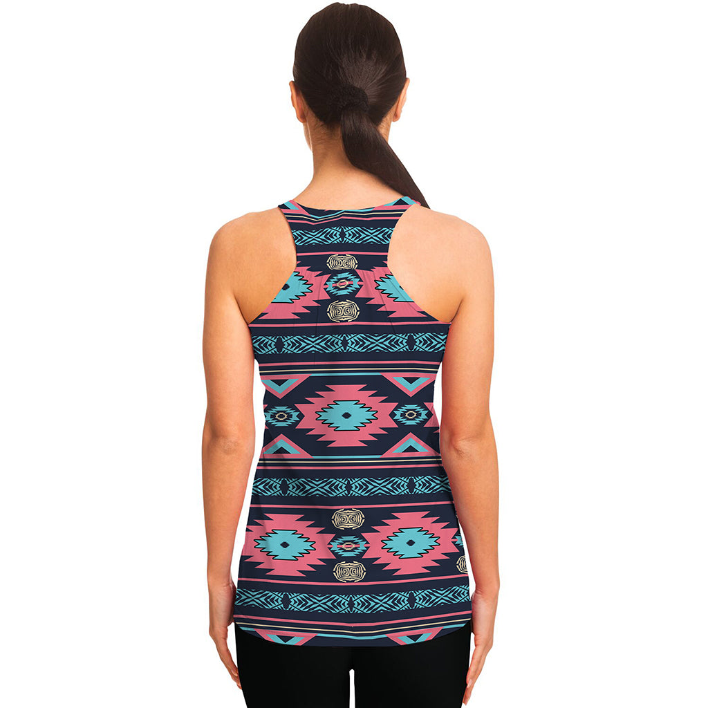 Pink And Blue Southwestern Pattern Print Women's Racerback Tank Top