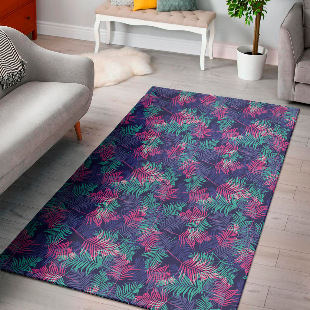 Pink And Blue Tropical Palm Leaf Print Area Rug