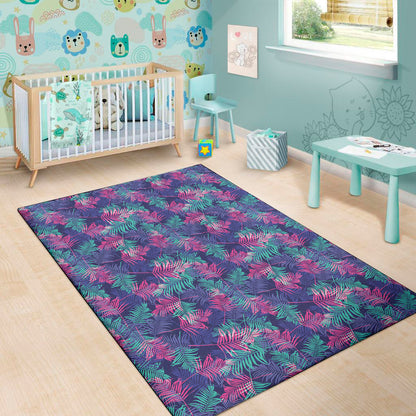 Pink And Blue Tropical Palm Leaf Print Area Rug