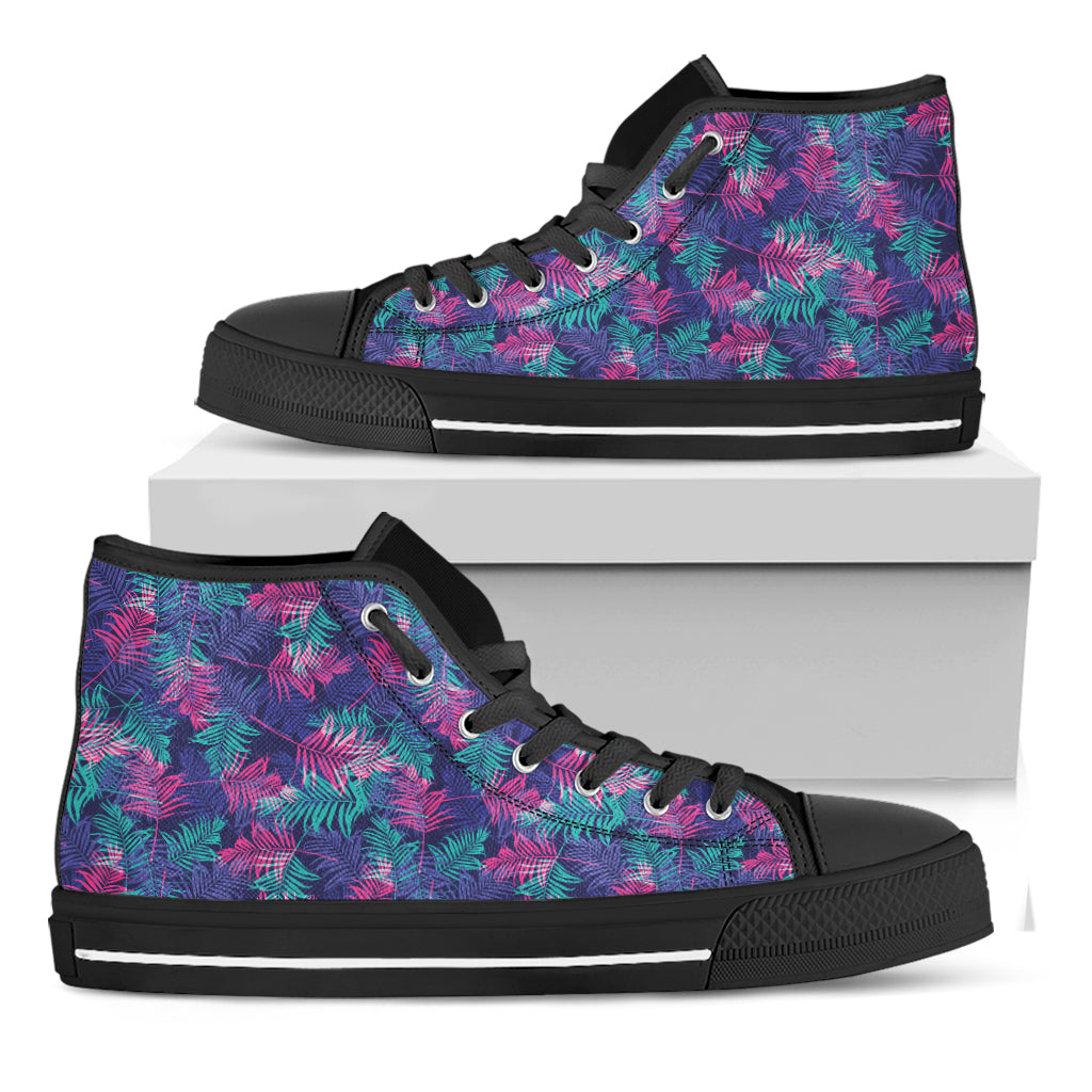 Pink And Blue Tropical Palm Leaf Print Black High Top Shoes