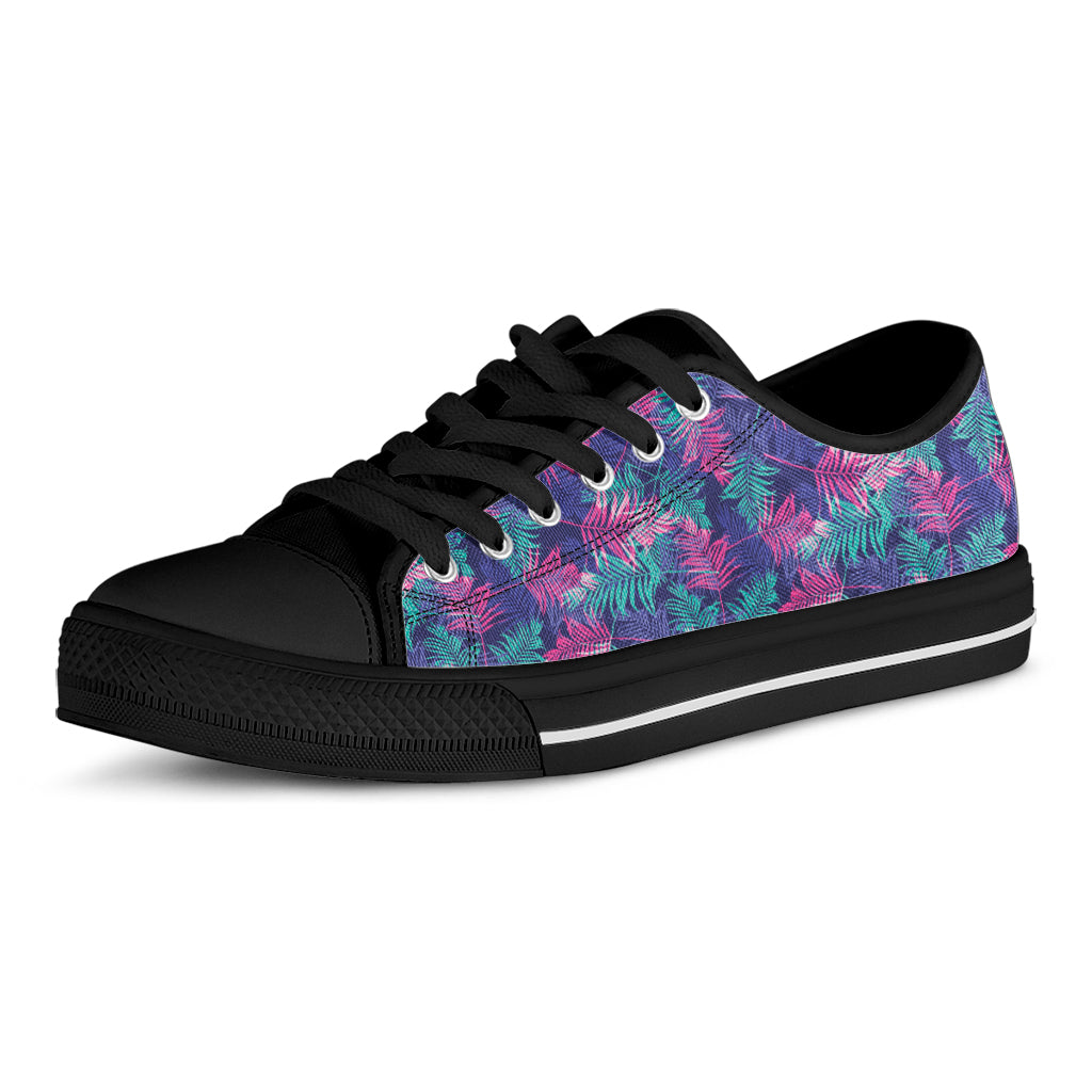 Pink And Blue Tropical Palm Leaf Print Black Low Top Shoes