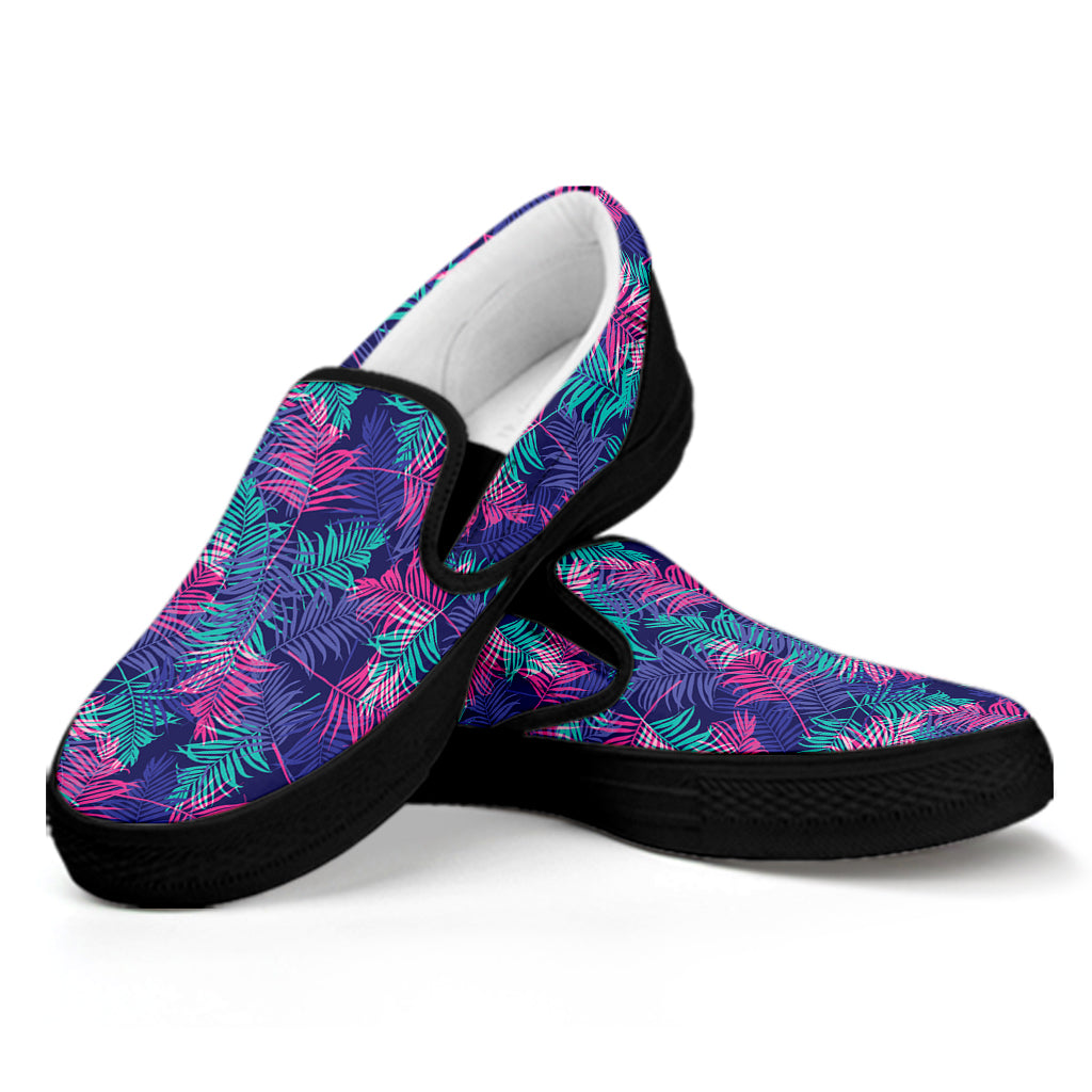 Pink And Blue Tropical Palm Leaf Print Black Slip On Shoes