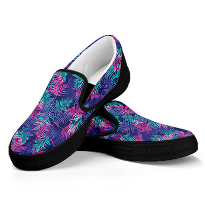 Pink And Blue Tropical Palm Leaf Print Black Slip On Shoes