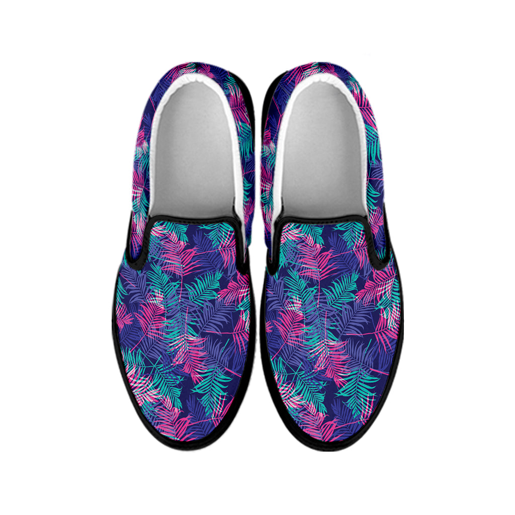Pink And Blue Tropical Palm Leaf Print Black Slip On Shoes
