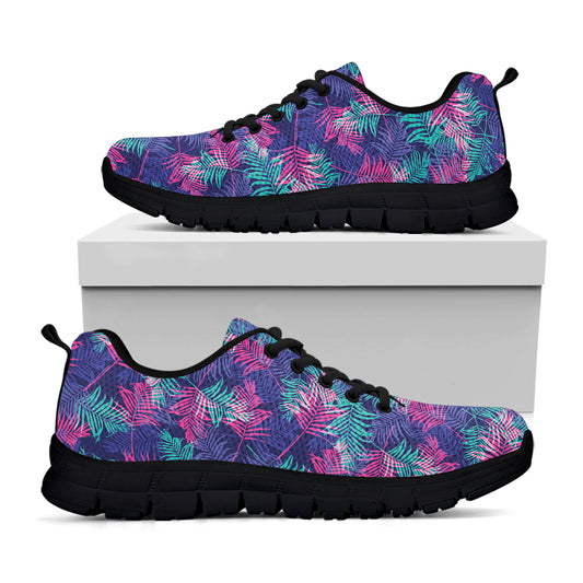 Pink And Blue Tropical Palm Leaf Print Black Sneakers