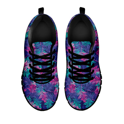 Pink And Blue Tropical Palm Leaf Print Black Sneakers