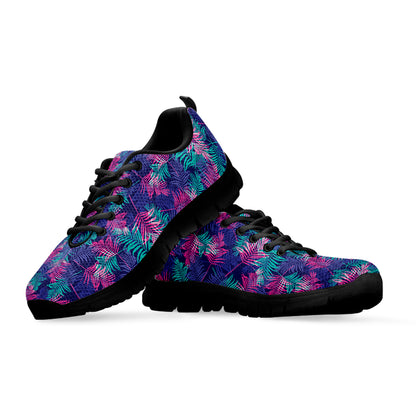 Pink And Blue Tropical Palm Leaf Print Black Sneakers