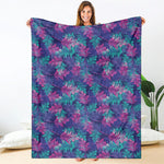 Pink And Blue Tropical Palm Leaf Print Blanket