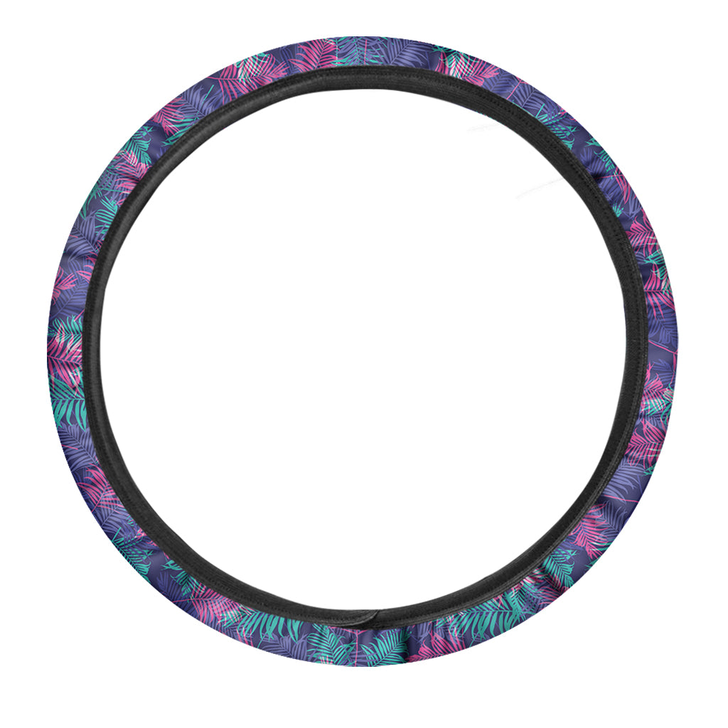 Pink And Blue Tropical Palm Leaf Print Car Steering Wheel Cover