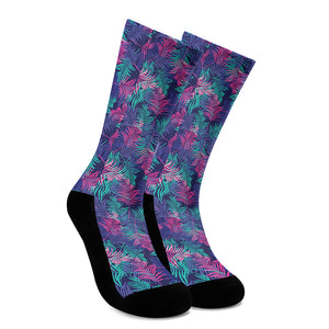 Pink And Blue Tropical Palm Leaf Print Crew Socks