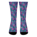 Pink And Blue Tropical Palm Leaf Print Crew Socks