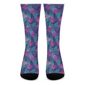 Pink And Blue Tropical Palm Leaf Print Crew Socks