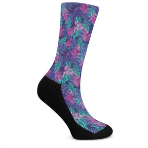 Pink And Blue Tropical Palm Leaf Print Crew Socks