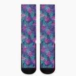 Pink And Blue Tropical Palm Leaf Print Crew Socks