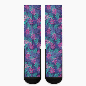 Pink And Blue Tropical Palm Leaf Print Crew Socks