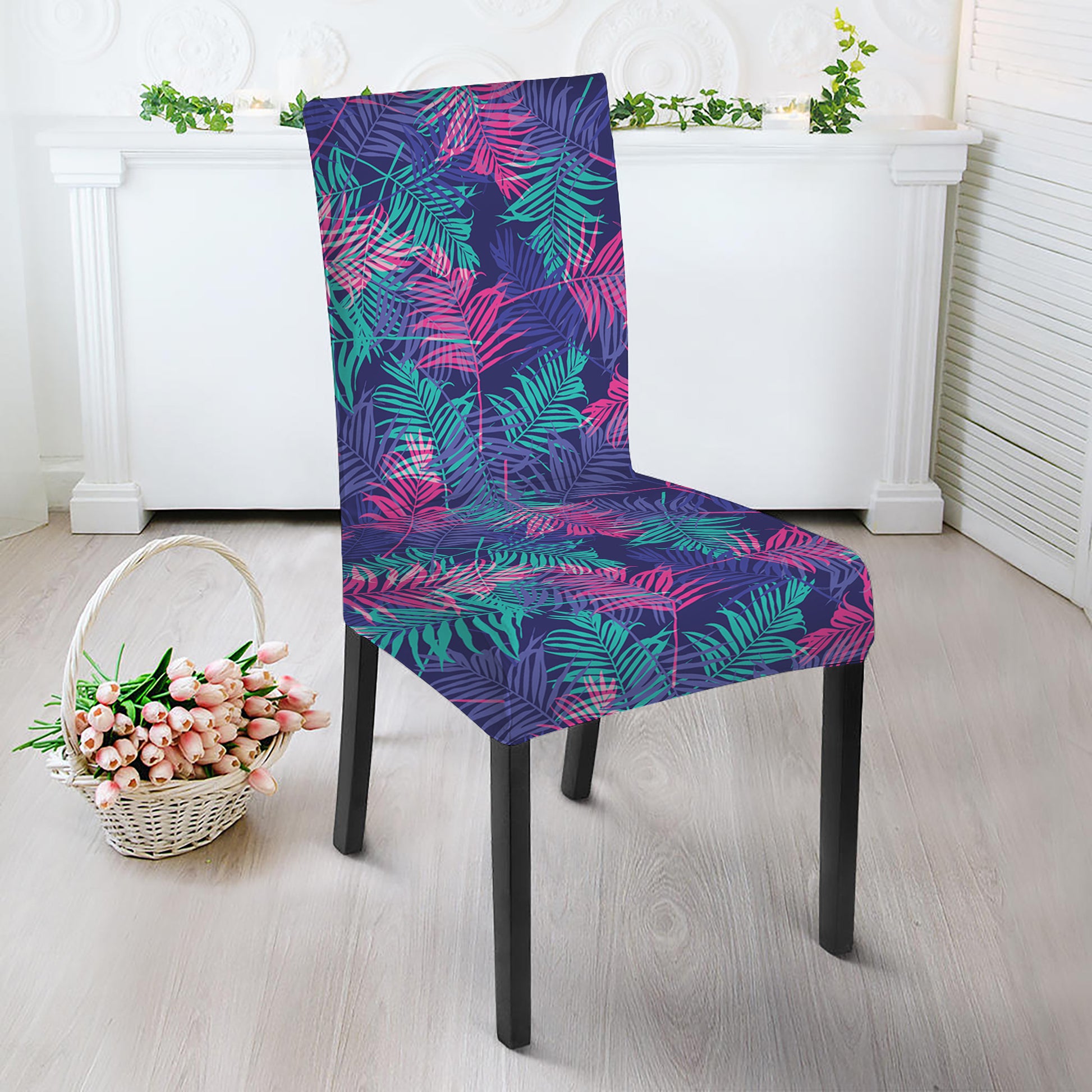 Pink And Blue Tropical Palm Leaf Print Dining Chair Slipcover