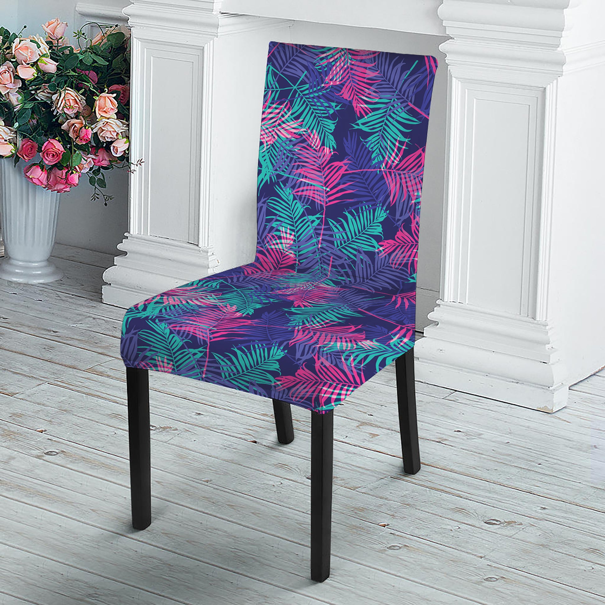Pink And Blue Tropical Palm Leaf Print Dining Chair Slipcover