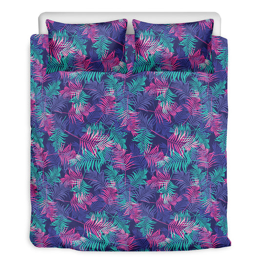 Pink And Blue Tropical Palm Leaf Print Duvet Cover Bedding Set