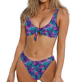 Pink And Blue Tropical Palm Leaf Print Front Bow Tie Bikini