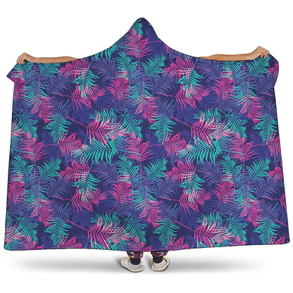 Pink And Blue Tropical Palm Leaf Print Hooded Blanket