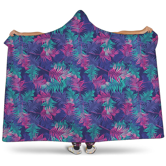 Pink And Blue Tropical Palm Leaf Print Hooded Blanket