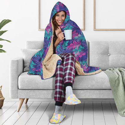 Pink And Blue Tropical Palm Leaf Print Hooded Blanket