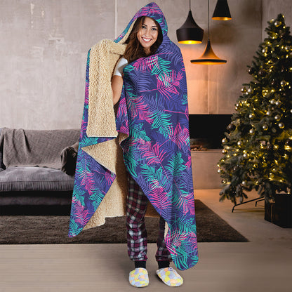 Pink And Blue Tropical Palm Leaf Print Hooded Blanket