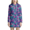 Pink And Blue Tropical Palm Leaf Print Pullover Hoodie Dress