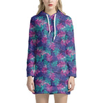 Pink And Blue Tropical Palm Leaf Print Hoodie Dress