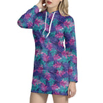 Pink And Blue Tropical Palm Leaf Print Hoodie Dress