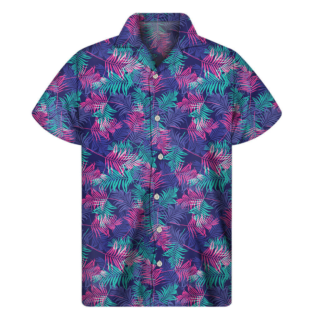Pink And Blue Tropical Palm Leaf Print Men's Short Sleeve Shirt