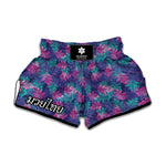 Pink And Blue Tropical Palm Leaf Print Muay Thai Boxing Shorts