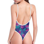 Pink And Blue Tropical Palm Leaf Print One Piece High Cut Swimsuit