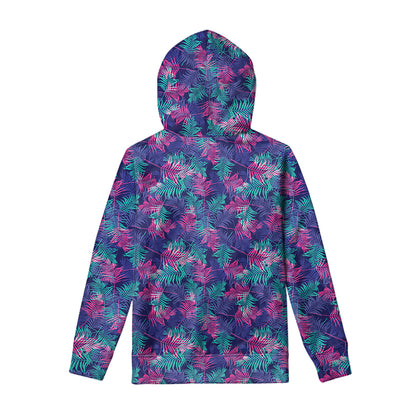 Pink And Blue Tropical Palm Leaf Print Pullover Hoodie