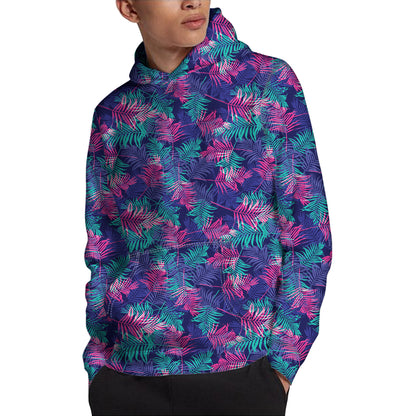 Pink And Blue Tropical Palm Leaf Print Pullover Hoodie