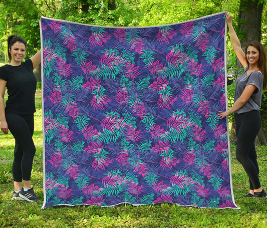 Pink And Blue Tropical Palm Leaf Print Quilt