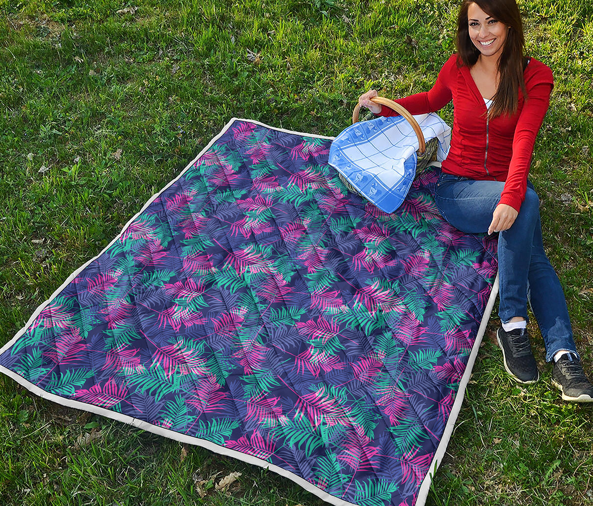 Pink And Blue Tropical Palm Leaf Print Quilt