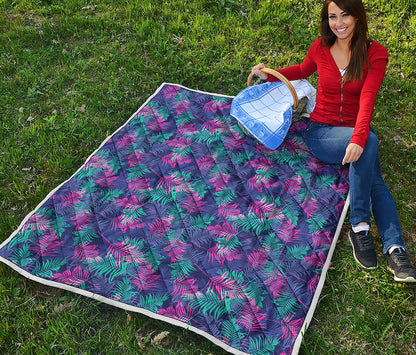 Pink And Blue Tropical Palm Leaf Print Quilt