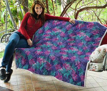 Pink And Blue Tropical Palm Leaf Print Quilt