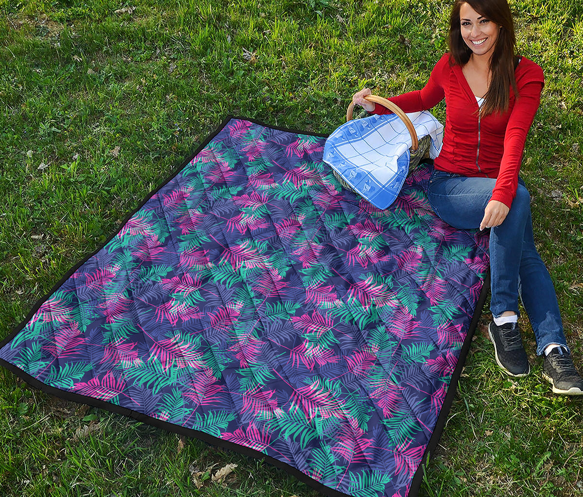 Pink And Blue Tropical Palm Leaf Print Quilt
