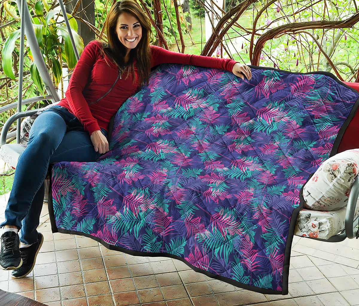 Pink And Blue Tropical Palm Leaf Print Quilt