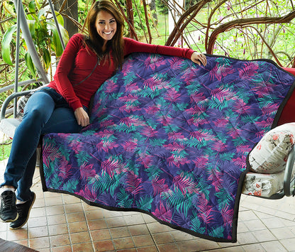 Pink And Blue Tropical Palm Leaf Print Quilt